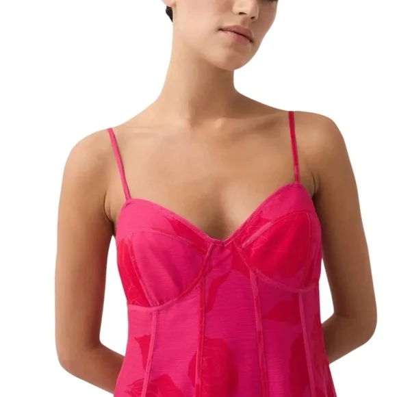 NEW AJE Sway Paneled Red & Pink Fluorescent Rose Spaghetti Strap Midi Dress - Picture 7 of 13